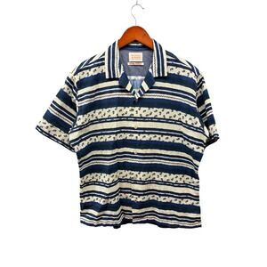 Scotch & Soda Men's M Blue Striped Paisley Print Short‎ Sleeve Camp Collar Shirt